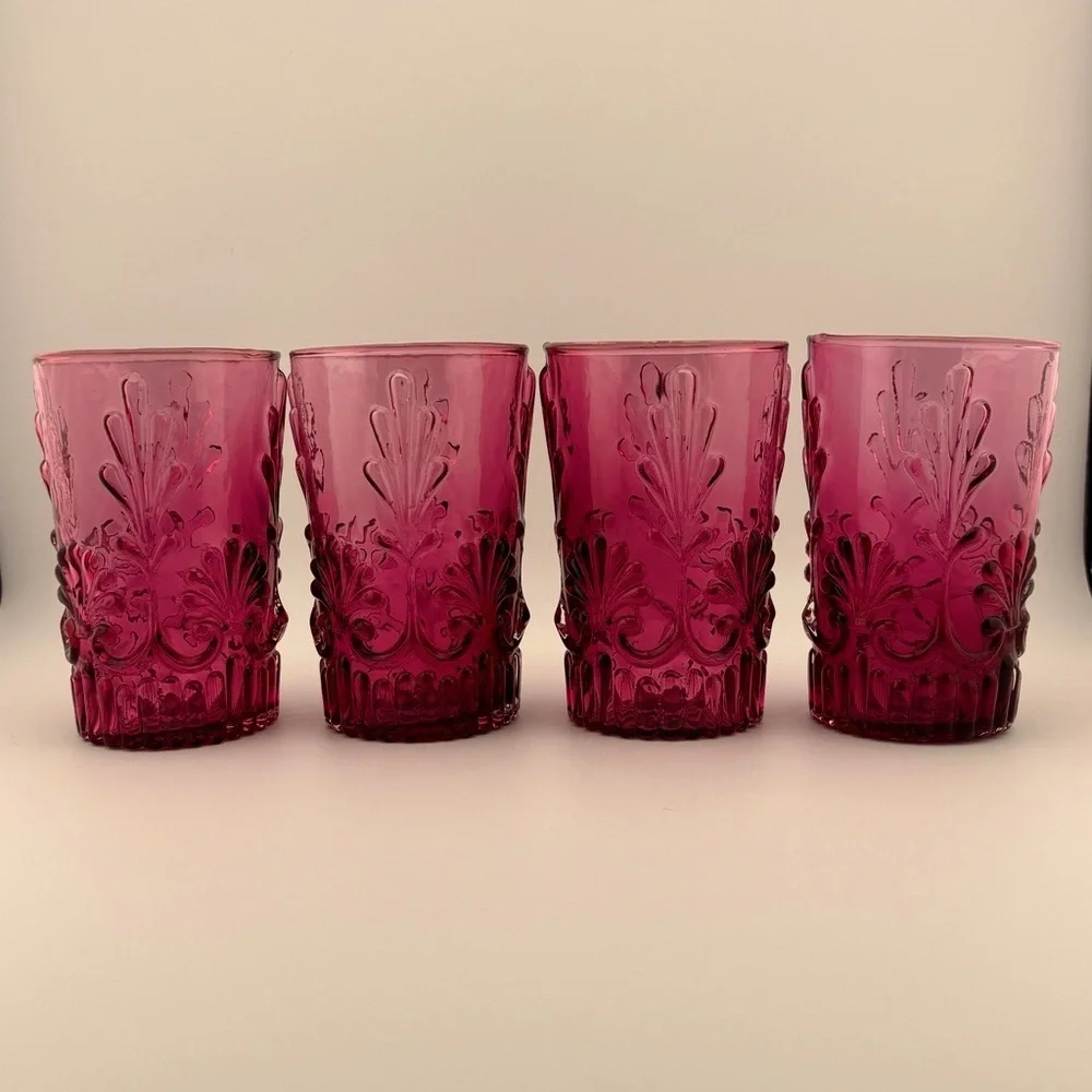 Set Of 4 Adams Cranberry By Pilgrim Glass 12 Ounce Flat Tumblers-(Set #1)